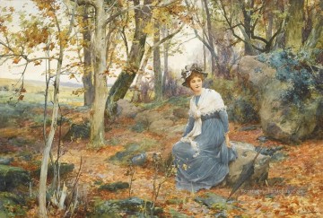 Femme s’asseyant dans Woods Alfred Glendening JR fille paysage d’automne Peinture à l'huile